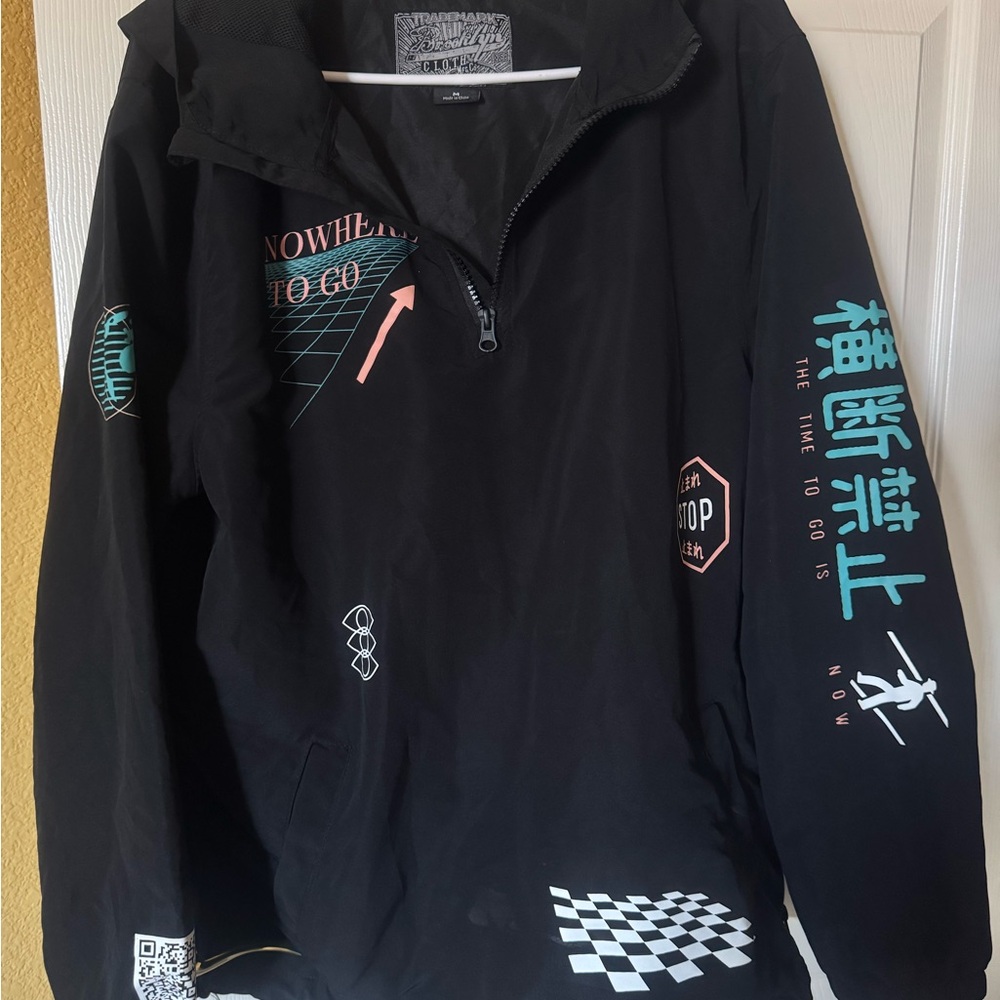 Men’s Brooklyn Black Graphic Windbreaker Jacket with Teal & Pink Accents - Picture 2 of 9